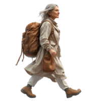 Hiker with a backpack walking confidently on a trail in natural surroundings during daylight isolated on transparent background. png