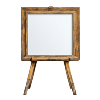 Rustic wooden frame on an easel stands empty, ready for creative expression in a cozy indoor space isolated on transparent background. png
