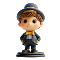 Charming character figure dressed in a formal suit with a hat on a display base isolated on transparent background. png
