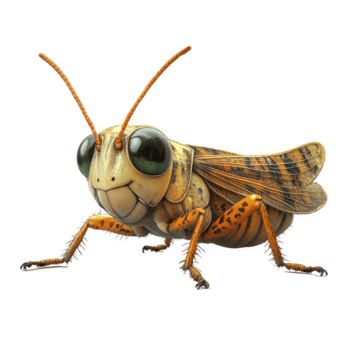 Grasshopper with oversized eyes and intricate patterns on its body in a clean white background isolated on transparent background. png