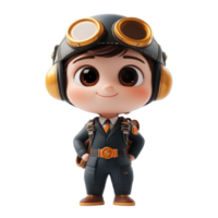 Cute animated pilot character wearing goggles and a flight suit stands confidently with hands on hips isolated on transparent background. png