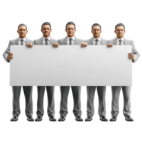 Five men in gray suits holding a blank white sign for a business presentation in a corporate setting isolated on transparent background. png