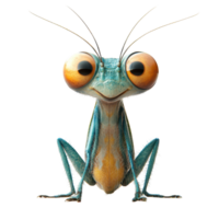 Unique close-up of a colorful, cartoonish grasshopper with large expressive eyes isolated on transparent background. png