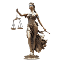 Symbol of justice holding scales and sword in a detailed statue with flowing robes isolated on transparent background. png