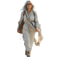Woman in gray attire walks confidently in a desert setting, showcasing adventurous spirit and resilience while carrying a backpack isolated on transparent background. png