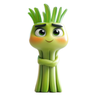 Cute animated green character with expressive eyes poses confidently with crossed arms in a playful setting isolated on transparent background. png
