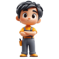 Young creative character ready for a fun project with tools and a cheerful expression isolated on transparent background. png