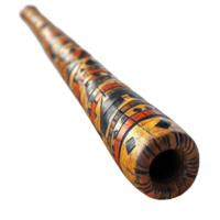 Traditional wooden didgeridoo with intricate carvings displayed on a white background reflecting cultural artistry isolated on transparent background. png