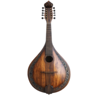 Beautiful wooden mandolin with intricate design and high-quality craftsmanship displayed prominently in a well-lit area isolated on transparent background. png