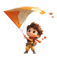 Joyful child flying a colorful kite on a sunny day in an open field isolated on transparent background. png