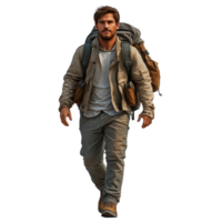 Adventurous hiker exploring the mountains with a well-equipped backpack during a sunny day isolated on transparent background. png