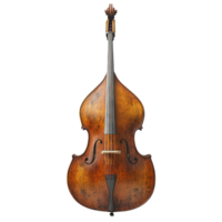 Vintage double bass displayed in a museum setting, showcasing its rich wood texture and craftsmanship isolated on transparent background. png