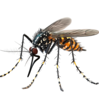 Detailed close-up of a colorful mosquito displaying intricate body patterns and textures isolated on transparent background. png