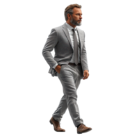 Elegant man in a tailored gray suit walking confidently on a plain background during a bright day isolated on transparent background. png