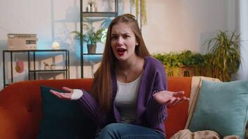Pretty woman girl asking why, what reason of failure demonstrating disbelief irritation by troubles video