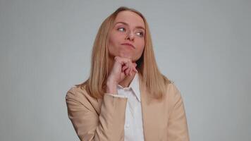 Woman tired bored indifferent expression, exhausted of tedious story not interested in communication video