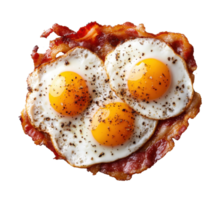 Delicious breakfast dish featuring three sunny side up eggs on a crispy bacon base served at a brunch table on transparent background png