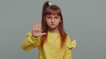 Angry girl say No hold palm folded crossed hands, warning of finish, Stop gesture, declining talk video