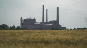 Industrial plant with pipes on field of wheat. Theme air pollution. Industrial landscape with grain field. View of the factory with beautiful landscape field. Combination of nature and industry. video