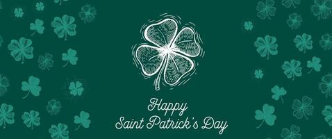 St. Patricks Day, clover pattern on green. Hand drawn illustrations vector