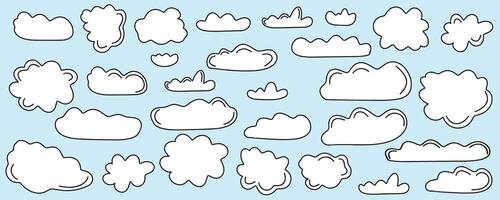 Large collection of white clouds of different shapes and sizes in doodle style. Hand drawn clouds on a blue background. vector