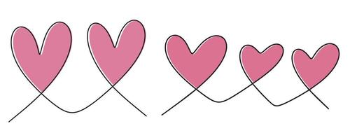 Continuous line drawing of two and three pink hearts, minimalistic love concept illustration. . illustration vector
