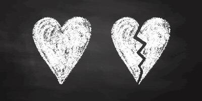 Whole and broken heart drawn with chalk on dark blackboard background vector