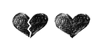 Broken and whole black crayon hearts on white background in textured style vector