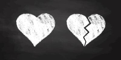 Broken and whole red crayon hearts on black background in textured style vector