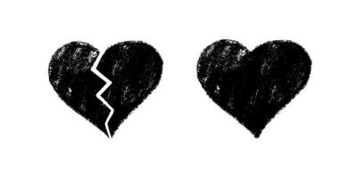 Broken and whole crayon hearts on white background in textured style vector