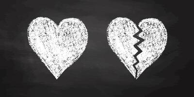Dark blackboard background with chalk drawn whole and broken heart vector
