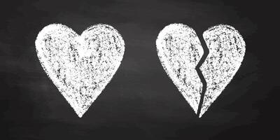 Chalk drawn heart whole and broken on dark blackboard background vector