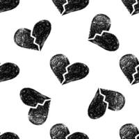 Seamless pattern of broken hearts hand-drawn in chalk on white background vector