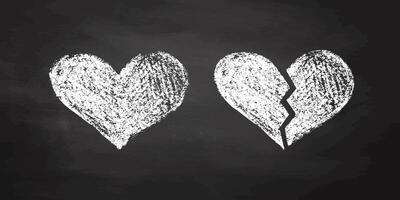 Chalk drawn whole and broken heart on dark blackboard background vector