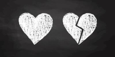 Whole and broken chalk drawn heart on dark blackboard background vector