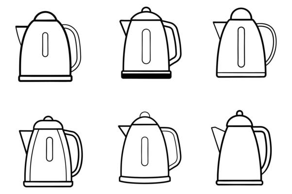 Six Outline Illustrations of Modern Electric Kettles
