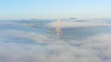 Dawn aerial view of an immense cable-stayed bridge across a foggy strait video