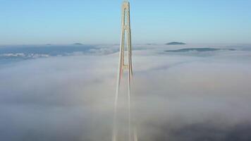 Aerial view of a vast cable-stayed bridge over a foggy strait at dawn video