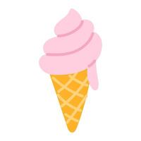An ice cream cone, highlighted on a white background. A mesh ice cream cone decorated with pink ice cream. The sweet treat is depicted in a bright and flat style vector