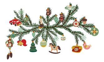 branch of a Christmas tree with retro-style Christmas balls, double-sided decoration. Soviet glass toys in a flat style. variety of animals and objects. Decor for Christmas, New Year, and holidays vector