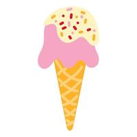 An ice cream cone, highlighted on a white background. A mesh ice cream cone decorated with pink ice cream with colored sprinkles. The sweet treat is depicted in a bright and flat style vector