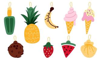 Tropical decorations for the Christmas tree. Seashells, fruits, ice cream, and a seashell are used as objects. Separate elements for printed products for gifts, postcards. Celebrating on vacation vector