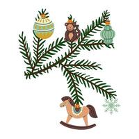branch of a Christmas tree with Christmas balls in retro style. Soviet glass toys in flat style. Santa Claus, horse, monkey, icicle. Decor for Christmas, New Year, and holidays. isolated on a white vector