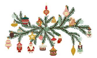 branch decorating a Christmas tree with Christmas balls in retro style. Soviet glass toys in a flat style. variety of animals, objects. Decor for Christmas, New Year, and holidays. isolated on a white vector