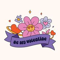 Retro-style illustration featuring a pink flower with heart-shaped eyes, a purple ribbon with decorative elements like hearts, a puzzle piece, and sparkling accents on a light background. vector