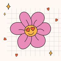 A retro-style illustration of a pink flower with a smiling face and heart-shaped eyes, surrounded by small hearts and sparkling elements on a pastel grid background vector