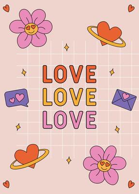 Retro style Valentine's Day card surrounded by flowers, hearts, and envelopes on a pastel background.