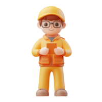 3d icon happy man bearded hiker in an orange puffer jacket using a smartphone app, set against a cutout transparent background png