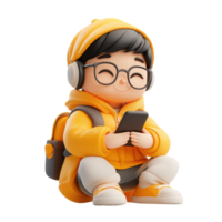 3d icon happy man bearded hiker in an orange puffer jacket using a smartphone app, set against a cutout isolated transparent background png