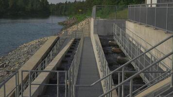 Lech, Bavaria, Germany. Fish ladder for migration and spawning at river. Concrete fish ladder at a dam so can continue upstream. Pass for wild fish. River fishes stairs. video